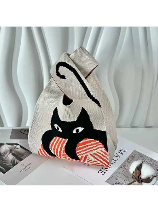 None Handbags - MURDER MITTENS BLACK CAT MINI KNOT WRIST LOOP CASUAL KNOT WRISTLET DROP KNIT BAG